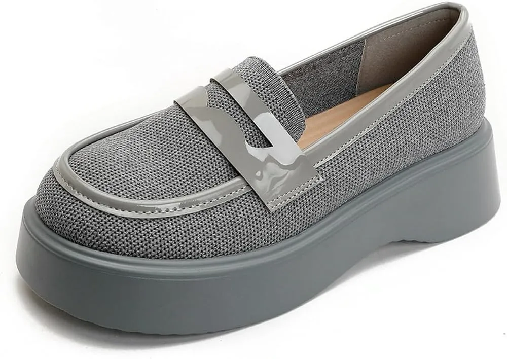 DINTAHA Chunky Platform Loafers for Women Heeled Knit Loafers Slip On Business Casual Shoes