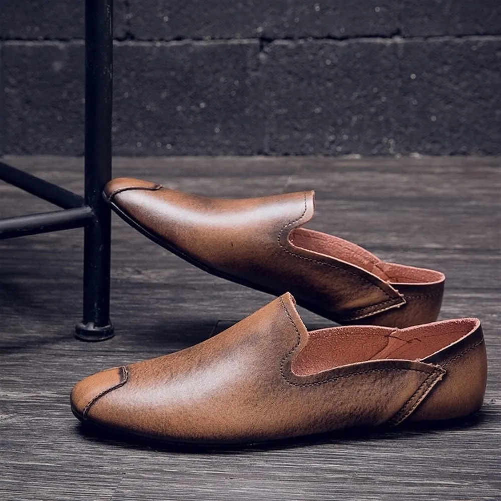 Easy to Put and Remove. Loafer Shoes Driving Moccasins for Men Genuine Leather Round Toe Stitching Details Rubber Sole Resistant Flexible Flat Heel Anti-Slip Casual Slip on for All Occasions