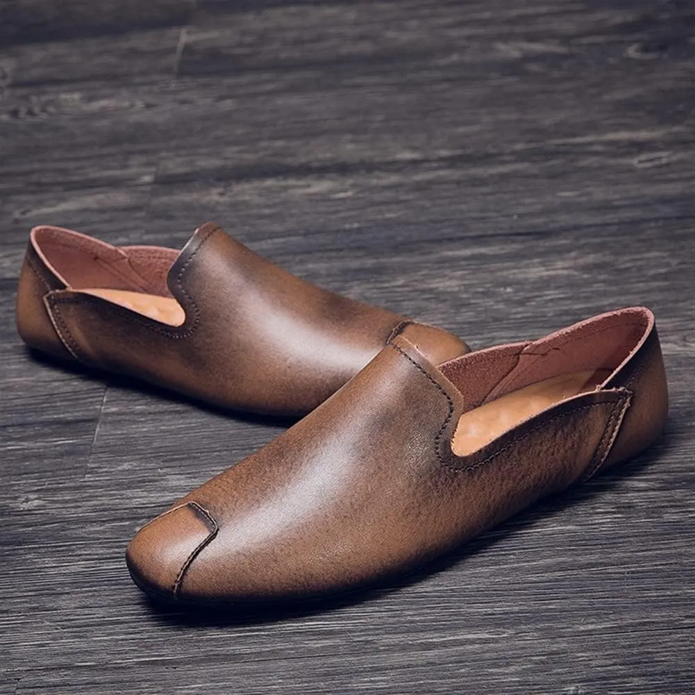 Easy to Put and Remove. Loafer Shoes Driving Moccasins for Men Genuine Leather Round Toe Stitching Details Rubber Sole Resistant Flexible Flat Heel Anti-Slip Casual Slip on for All Occasions