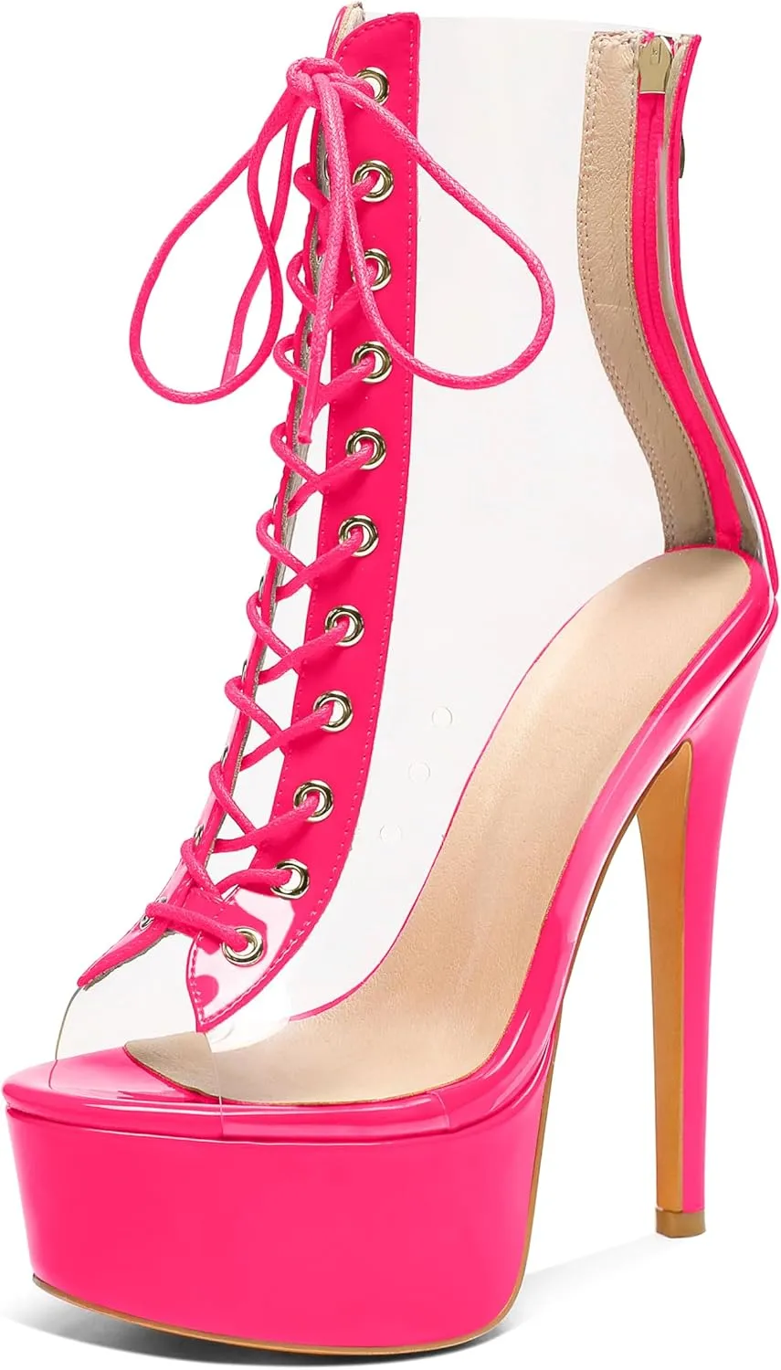 Esvowido Women's Peep Toe Platform Heels Heeled Sandals Stiletto High Heel Clear PVC Sexy Lace Up Ankle Boots