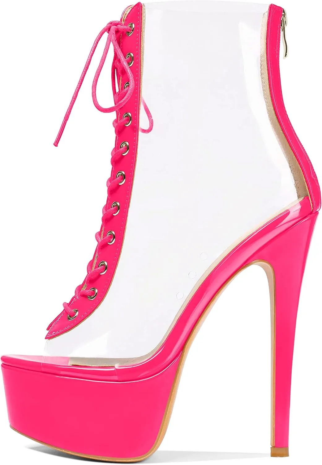 Esvowido Women's Peep Toe Platform Heels Heeled Sandals Stiletto High Heel Clear PVC Sexy Lace Up Ankle Boots