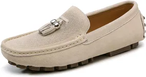 HOOENG Driving Moccasins for Men Genuine Leather Stitching Details Round Toe Tassel Suede Vamp Perforated Flexible Lightweight Flat Heel Driving Slip On (Color : Khaki, Size : 8)