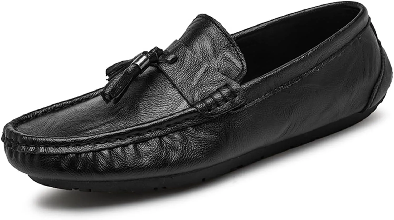 HOOENG Smoking Loafer Driving Moccasins for Men Genuine Leather Stitching Details Round Toe Tassel Resistant Flat Heel Flexible Lightweight Anti-Slip (Color : Black, Size : 9)