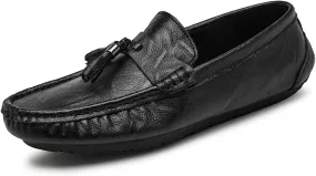 HOOENG Smoking Loafer Driving Moccasins for Men Genuine Leather Stitching Details Round Toe Tassel Resistant Flat Heel Flexible Lightweight Anti-Slip (Color : Black, Size : 9)