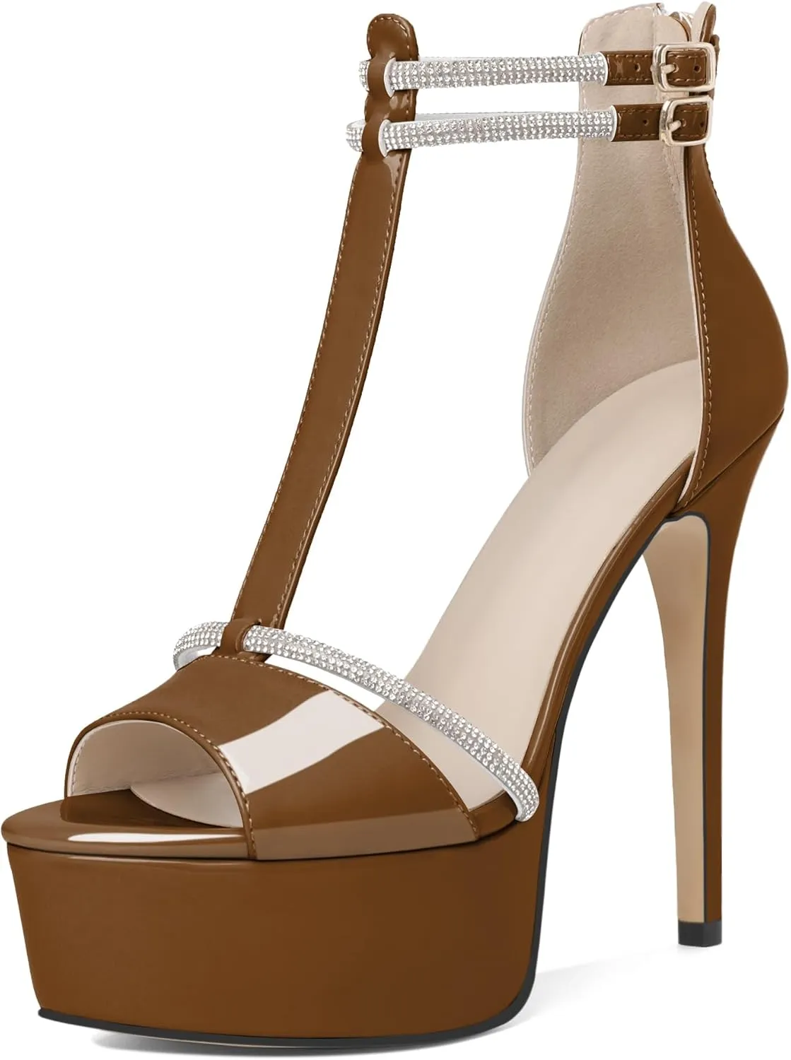 Joseywade Platform Heels for Women Peep Toe T-Strap High Heel Pumps Stiletto Sky Thin Rhinestone Ankle Strap Heeled Sandals 5.5 Inches Dress Shoes