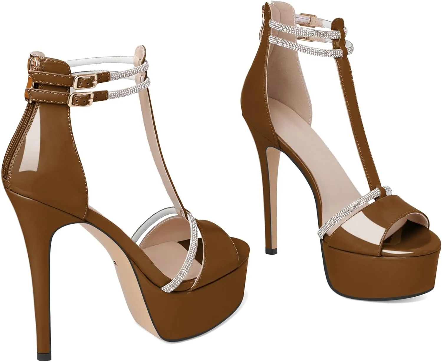 Joseywade Platform Heels for Women Peep Toe T-Strap High Heel Pumps Stiletto Sky Thin Rhinestone Ankle Strap Heeled Sandals 5.5 Inches Dress Shoes
