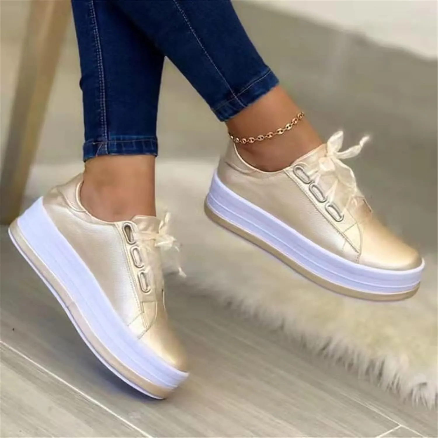 Ladmiple Sneakers For Women Slip On Wide Width Walking Shoes Fashion Lace Up Low Top Comfortable Platform Flats Loafers