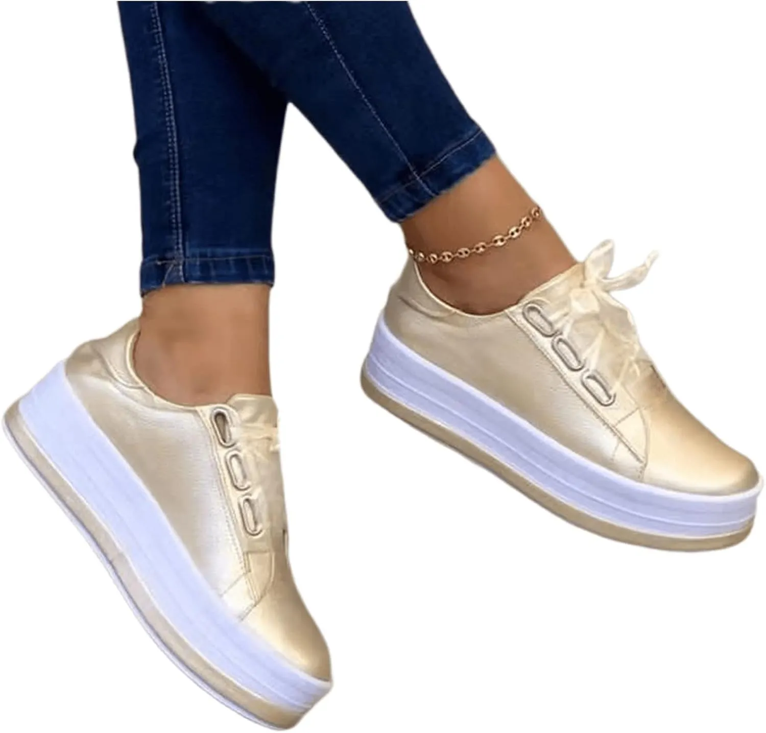 Ladmiple Sneakers For Women Slip On Wide Width Walking Shoes Fashion Lace Up Low Top Comfortable Platform Flats Loafers