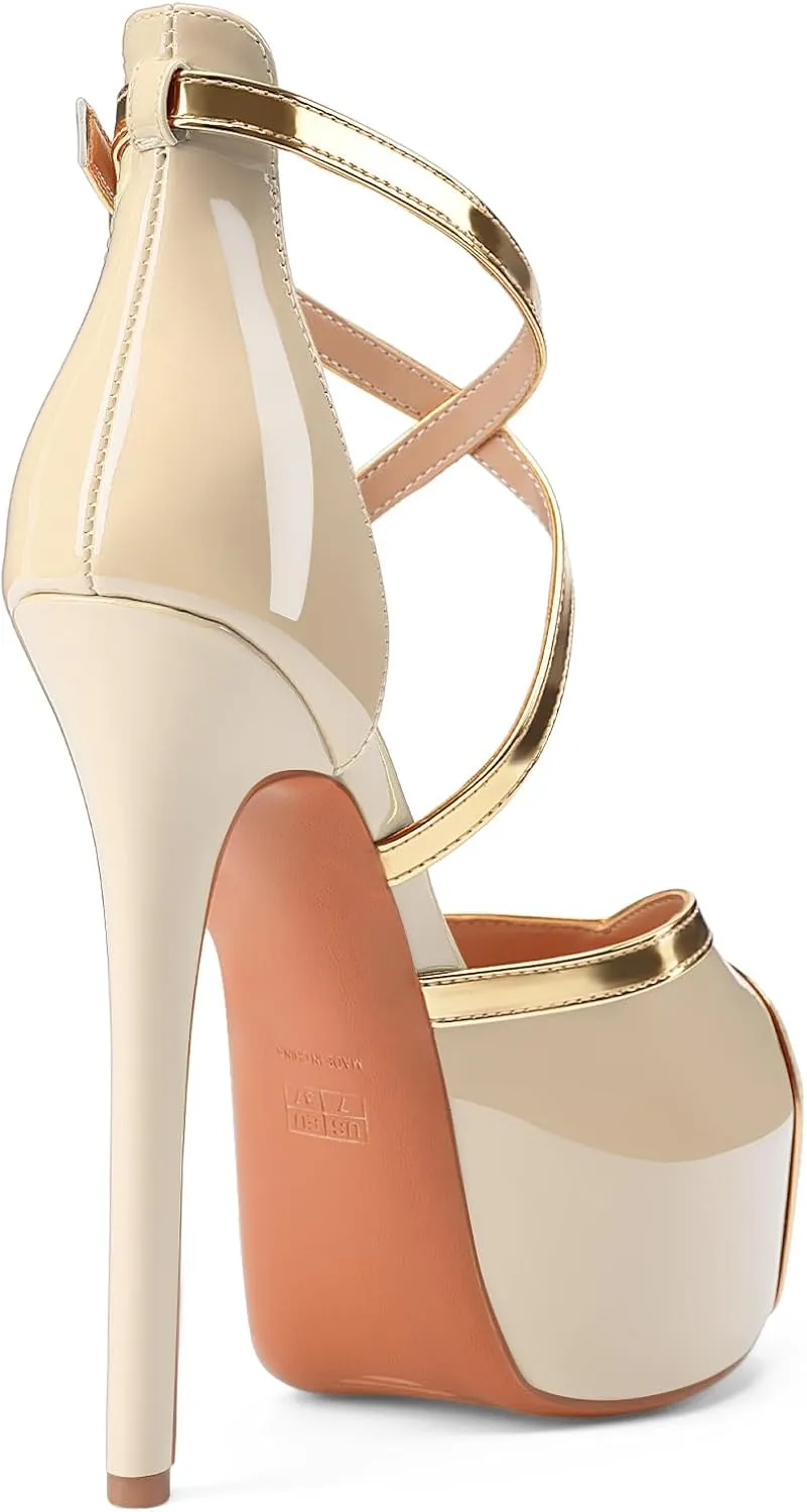Oh Mispares Stiletto High Heel Sandals Platform Peep Toe Gold Crisscross Strappy Buckle Comfy 6 inch Heeled Spring Summer Sandals for Women Dressy