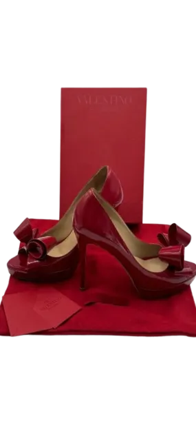 Valentino Patent Leather Peep Toe Bow Platform Heels