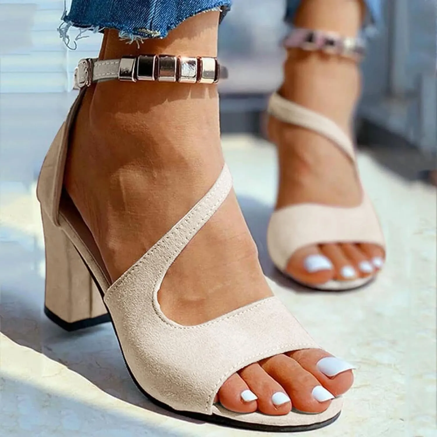 Women Mid Chunky Block Heel Sandals Summer Two Strap Slip on Heels Slide Sandals for Party Wedding Dress Fashion Open Toe Solid Color Backless Beach Casual Party Working Ankle Strap Shoes