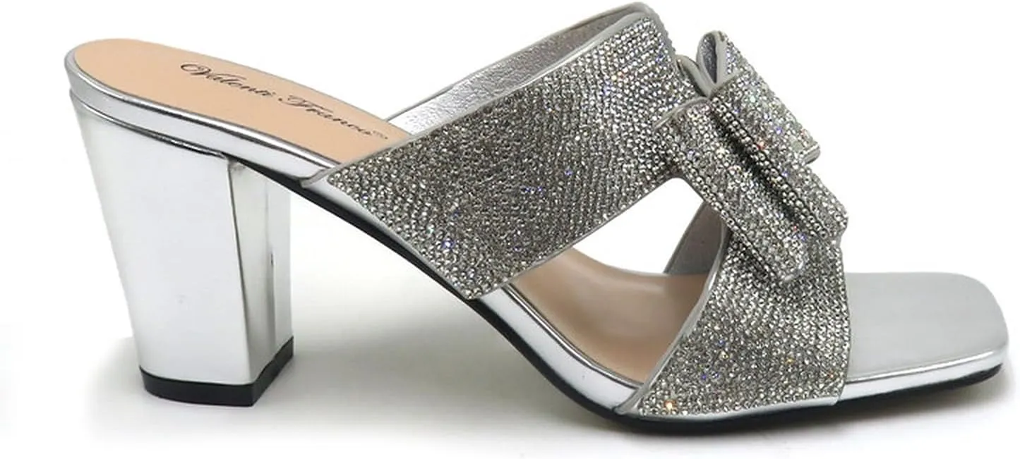 Women Rhinestone Heels Sandals Chunky Block Heels Slip on Sandals