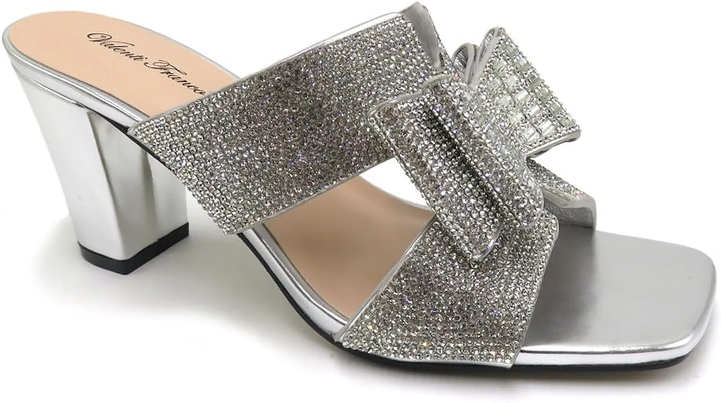Women Rhinestone Heels Sandals Chunky Block Heels Slip on Sandals