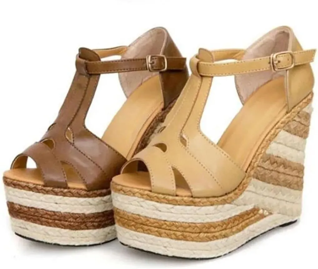 Women Sandals Shoes National Heavy-Bottomed Flax Wedge Sandals Ultra-High-Heeled Sandals Summer Shoes