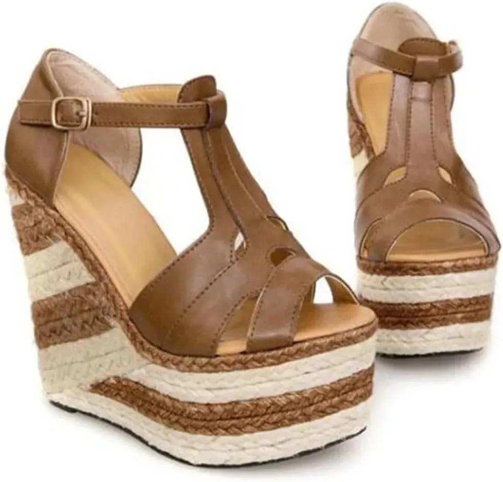 Women Sandals Shoes National Heavy-Bottomed Flax Wedge Sandals Ultra-High-Heeled Sandals Summer Shoes