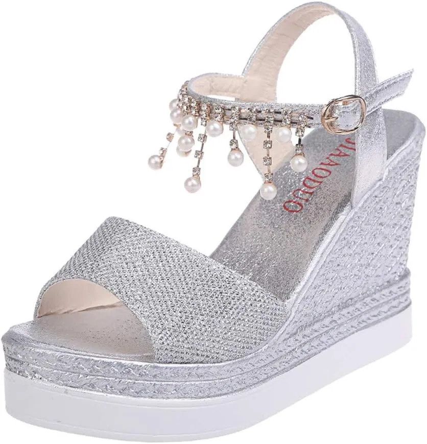 Womens Sandals Dressy Rhinestone Wedges Heels For Women Ankle Buckle High Heeled Platform Sandal For Dating Party