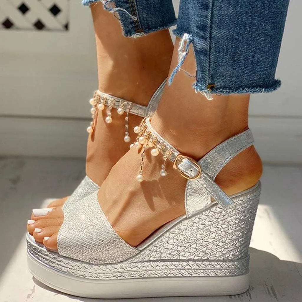 Womens Sandals Dressy Rhinestone Wedges Heels For Women Ankle Buckle High Heeled Platform Sandal For Dating Party