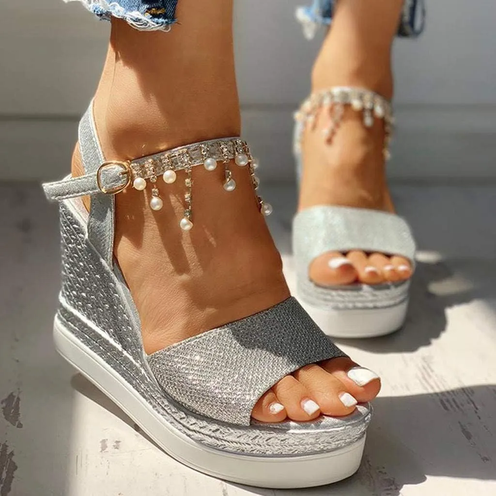 Womens Sandals Dressy Rhinestone Wedges Heels For Women Ankle Buckle High Heeled Platform Sandal For Dating Party