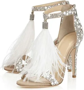 Women's Tassels Rhinestone Heeled Sandals Wedding Dress White Sandals Stiletto Heel Pearl